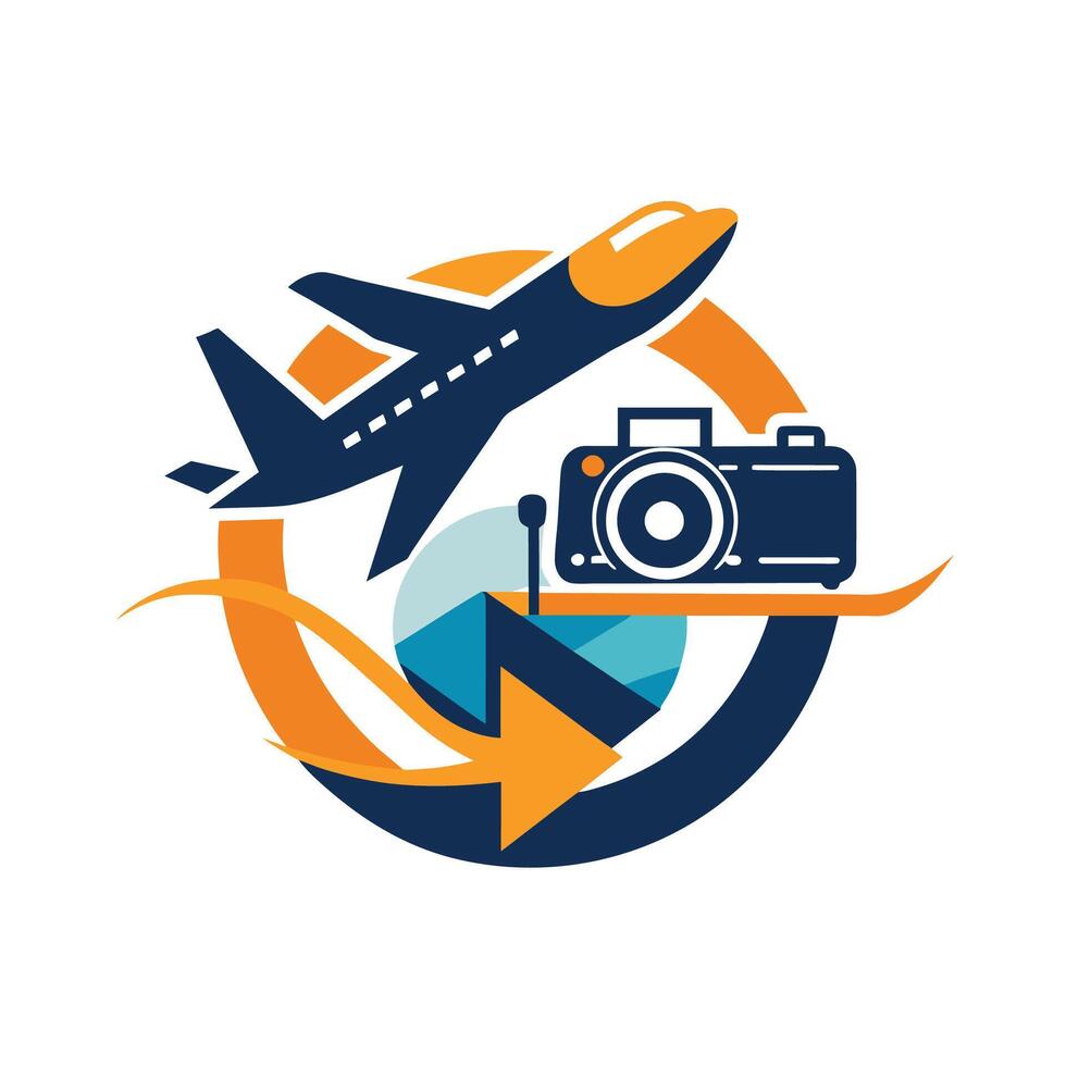 uma moderno Câmera e avião posicionado dentro uma circular formação, uma contemporâneo Projeto com uma Câmera e avião gráfico simbolizando viagem aventuras vetor