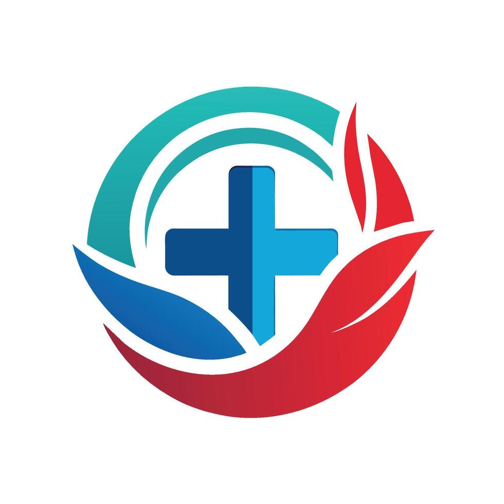 uma logotipo apresentando uma azul Cruz com vermelho folhas em anexo para Está braços, simbolizando uma moderno e Inovativa médico empresa, uma simples ainda impactante logotipo para uma ponta médico instalação vetor