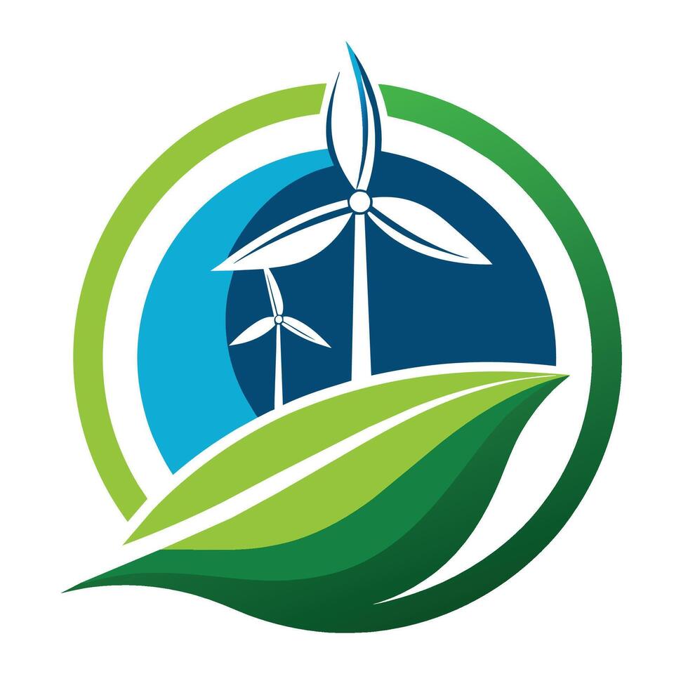 uma verde folha dentro a primeiro plano com uma vento turbina fiação dentro a fundo, Projeto uma logotipo este reflete a idéia do renovável energia dentro uma lustroso e moderno caminho vetor