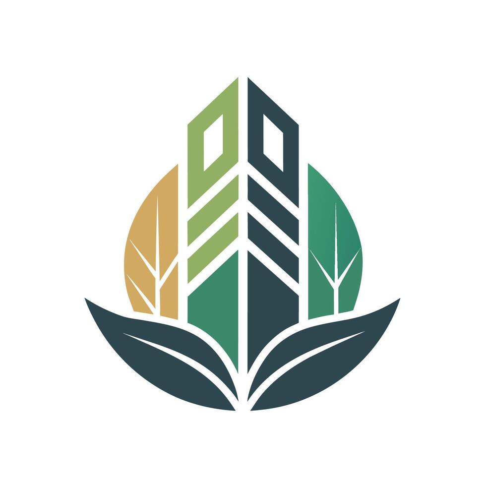 uma verde folha parcialmente cobre uma prédio, criando uma único e natural visão, crio uma minimalista logotipo este transmite a conceito do transmissão vetor