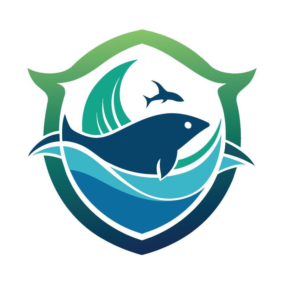 golfinho natação com Tubarão, Projeto uma logotipo este transmite a importância do protegendo nosso oceanos dentro uma minimalista estético vetor