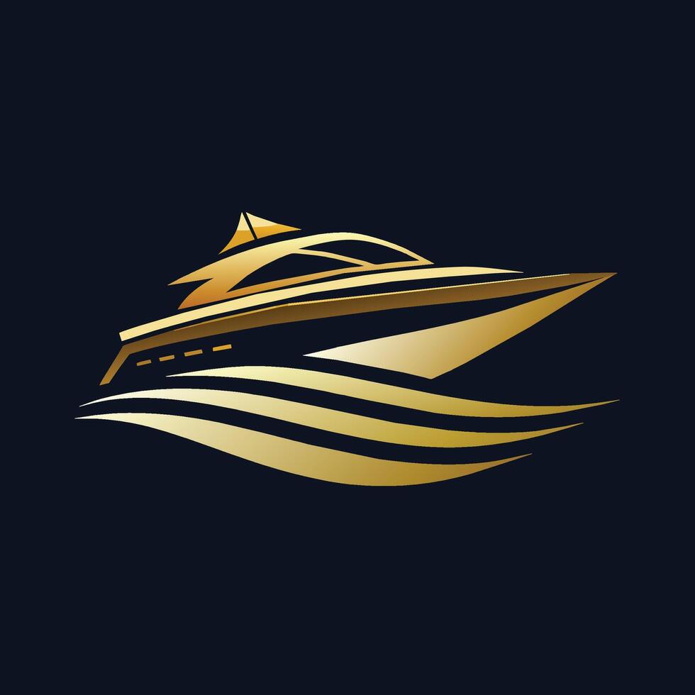 uma luxuoso ouro barco Navegando elegantemente em uma rígido Preto fundo, crio uma minimalista logotipo para uma lustroso e de luxo tecnologia loja vetor