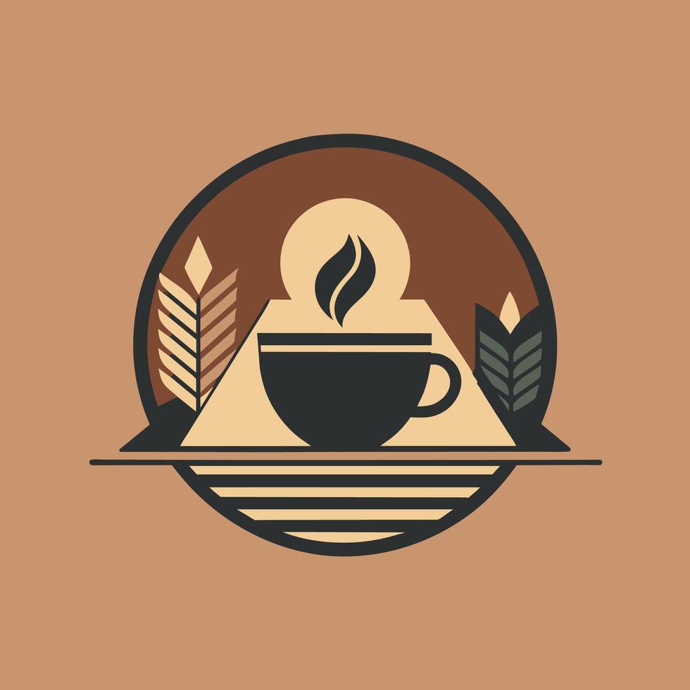 uma copo do café senta em uma prato cercado de folhas, usar negativo espaço para crio uma único logotipo para uma na moda cafeteria vetor