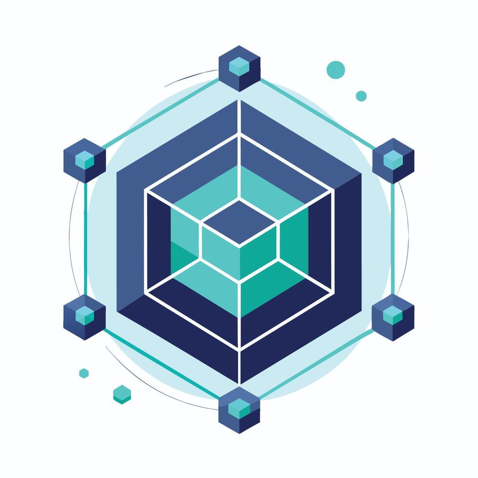 uma ampla cubo anexo de múltiplo menor cubos, representando a abstrato conceito relacionado para blockchain tecnologia, a abstrato representação do blockchain tecnologia dentro uma minimalista estilo vetor