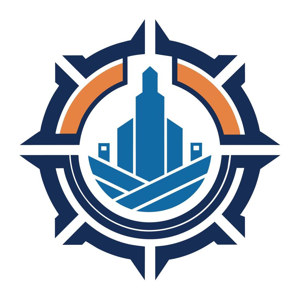 logotipo apresentando uma construção dentro a Centro, com uma moderno cor esquema do azul e laranja, uma minimalista logotipo incorporando elementos do industrial Projeto vetor