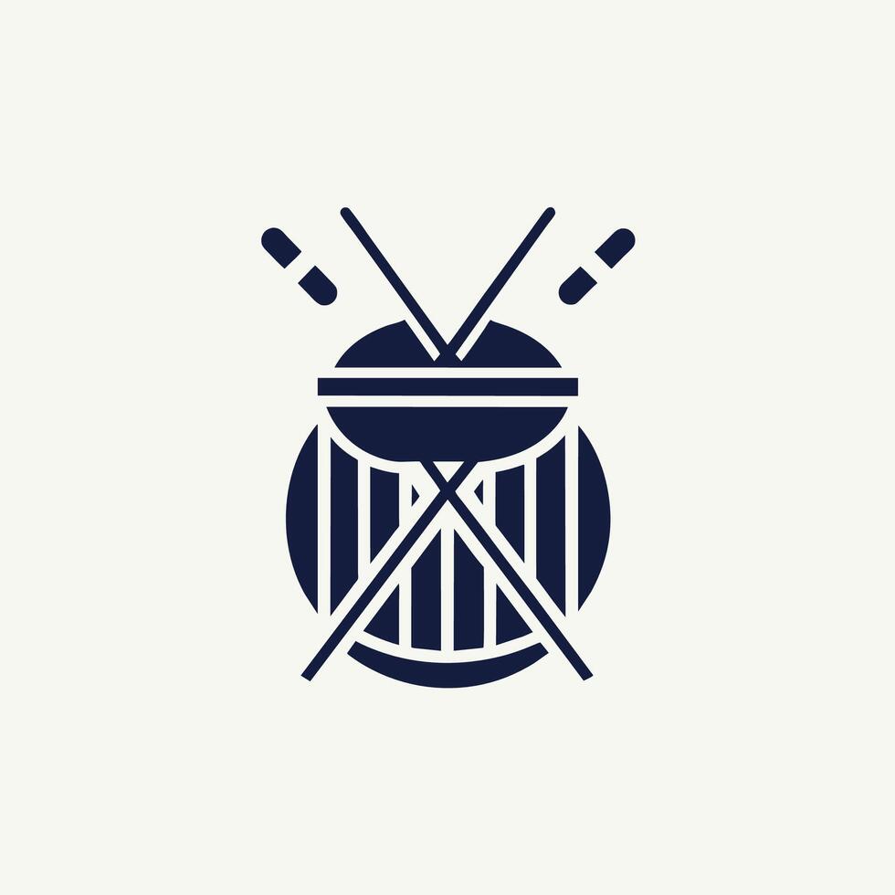 uma tambor e dois cruzado remos exibido contra uma branco pano de fundo, crio uma logotipo este simboliza a ritmo do uma batida de tambor, minimalista simples moderno logotipo Projeto vetor