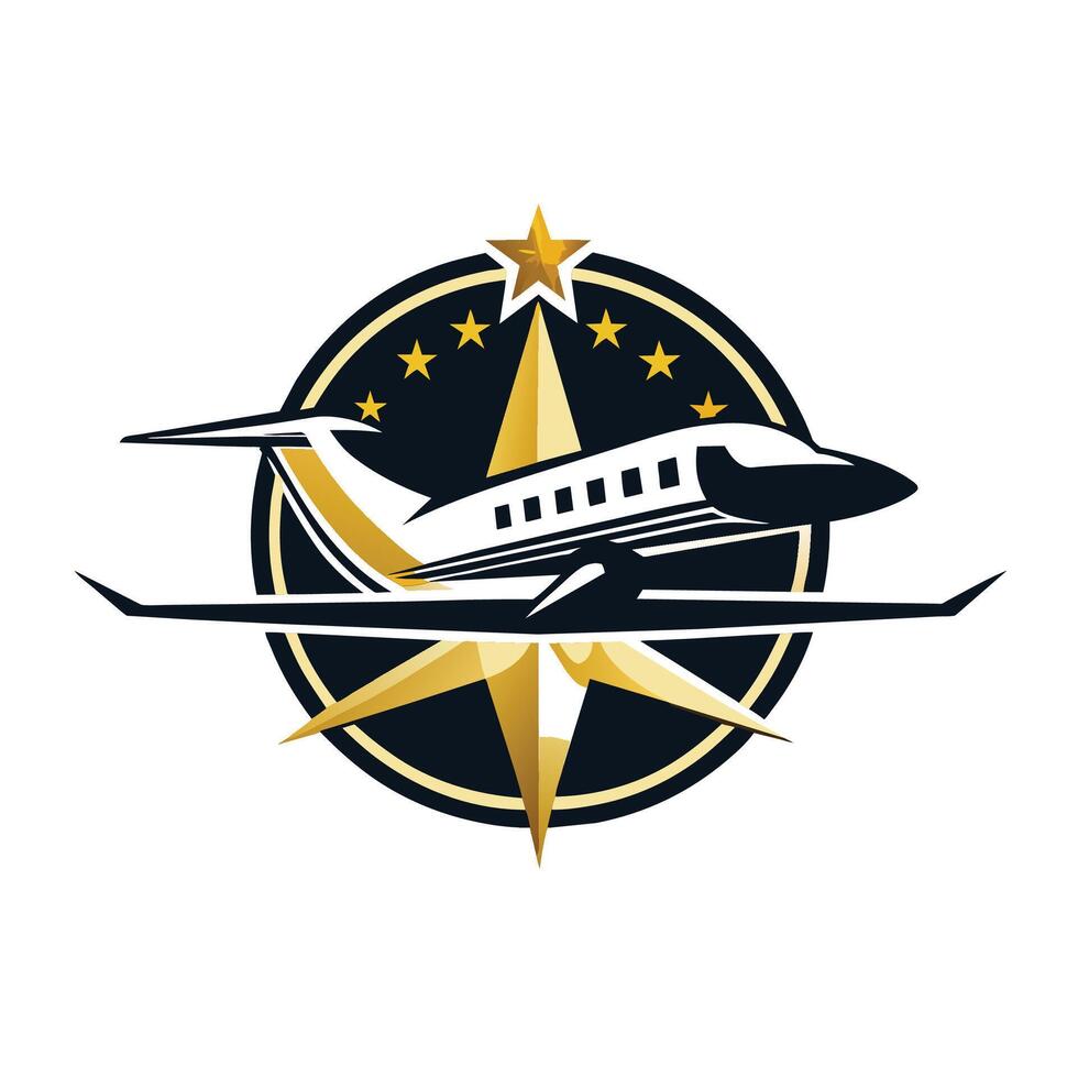 a avião apresentando estrelas em Está lado, conjunto contra uma Claro céu, desenvolve uma minimalista logotipo para a exclusivo privado jato companhia este incorpora luxo e exclusividade vetor