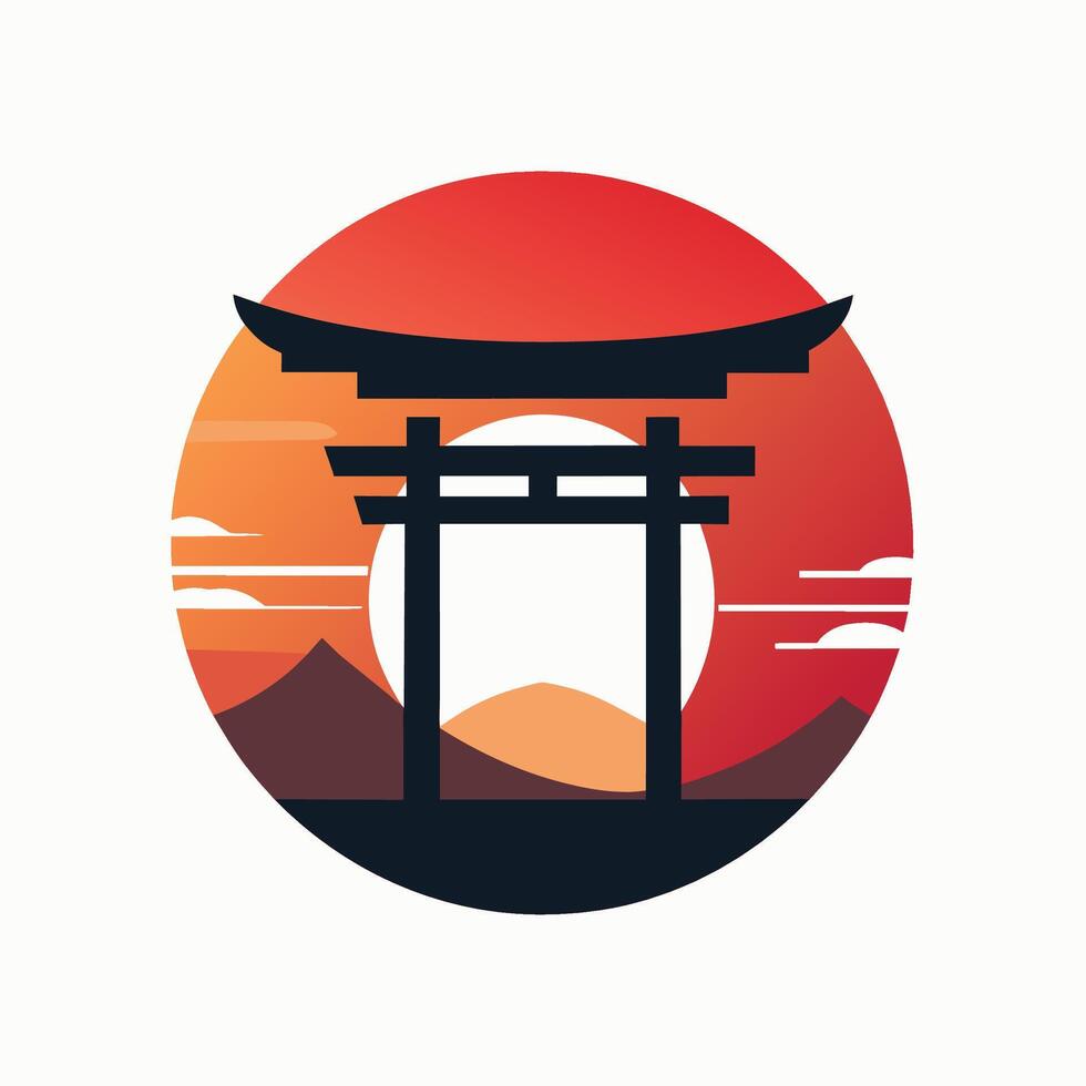 uma japonês torii portão carrinhos dentro rígido silhueta contra uma vibrante pôr do sol céu, japonês torii portão pôr do sol simples logotipo, minimalista simples moderno logotipo Projeto vetor