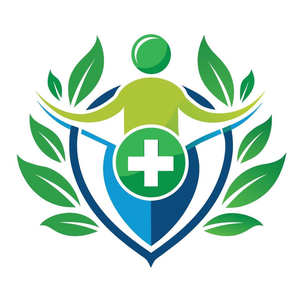 uma pessoa segurando uma verde Cruz dentro uma escudo, saúde Cuidado logotipo Projeto modelo, saúde Cuidado logotipo Projeto modelo vetor