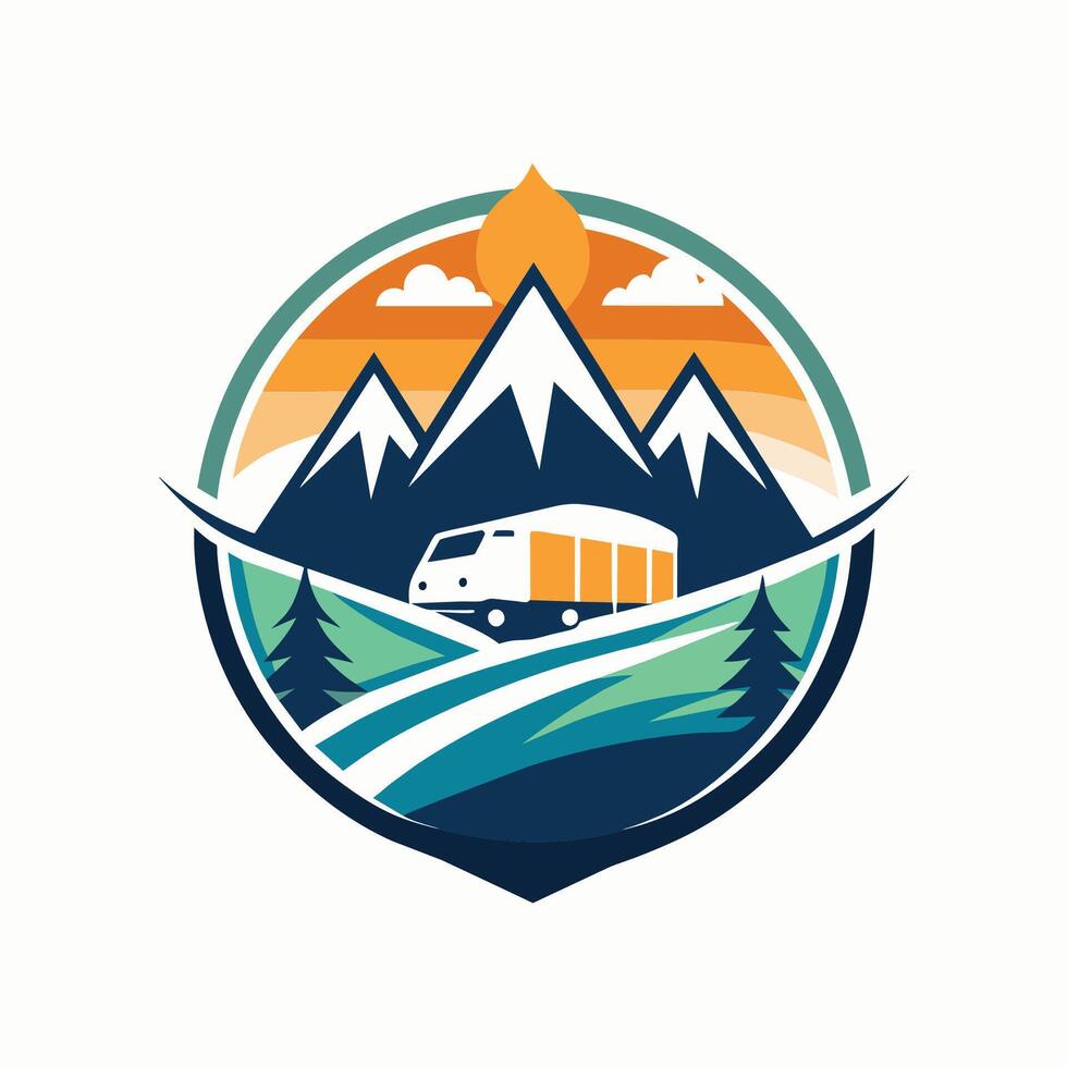 uma campista furgão navega enrolamento estradas no meio imponente montanhas, Tour e viagem logotipo projeto, minimalista simples moderno logotipo Projeto vetor