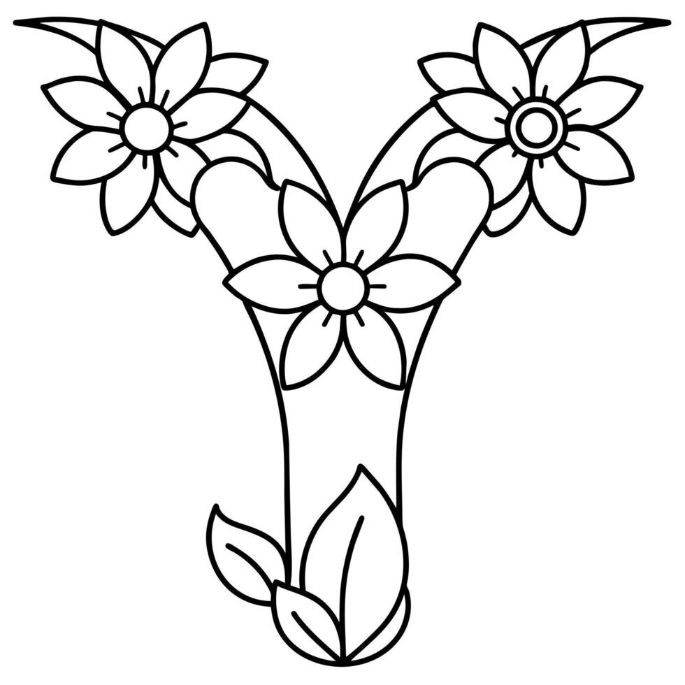 alfabeto y coloração página com a flor, y carta digital esboço floral coloração página, abc coloração página vetor