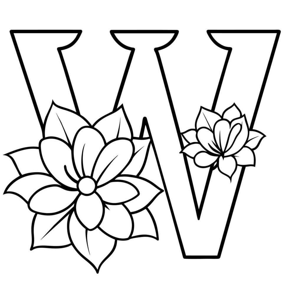 alfabeto W coloração página com a flor, W carta digital esboço floral coloração página, abc coloração página vetor