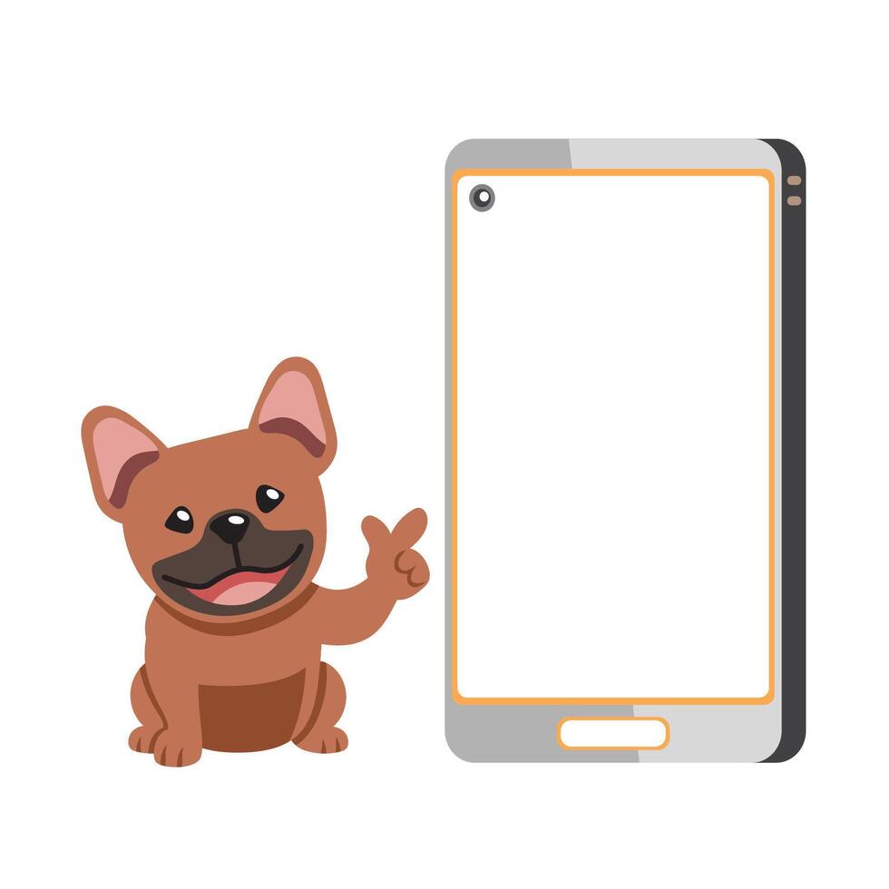 desenho animado personagem fofa Castanho francês buldogue e Smartphone vetor