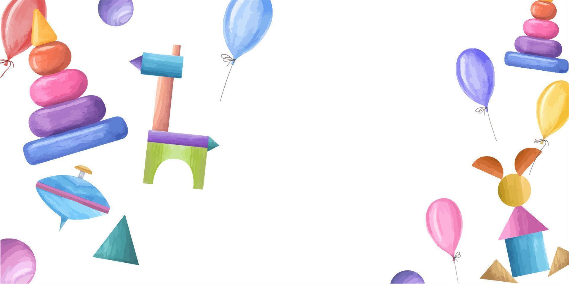 aguarela ilustração com criança de madeira brinquedos e balões. multicolorido pirâmide, fiação principal, cubos, cavalo e lebre fez do cubos. horizontal quadro. cópia de espaço para texto vetor