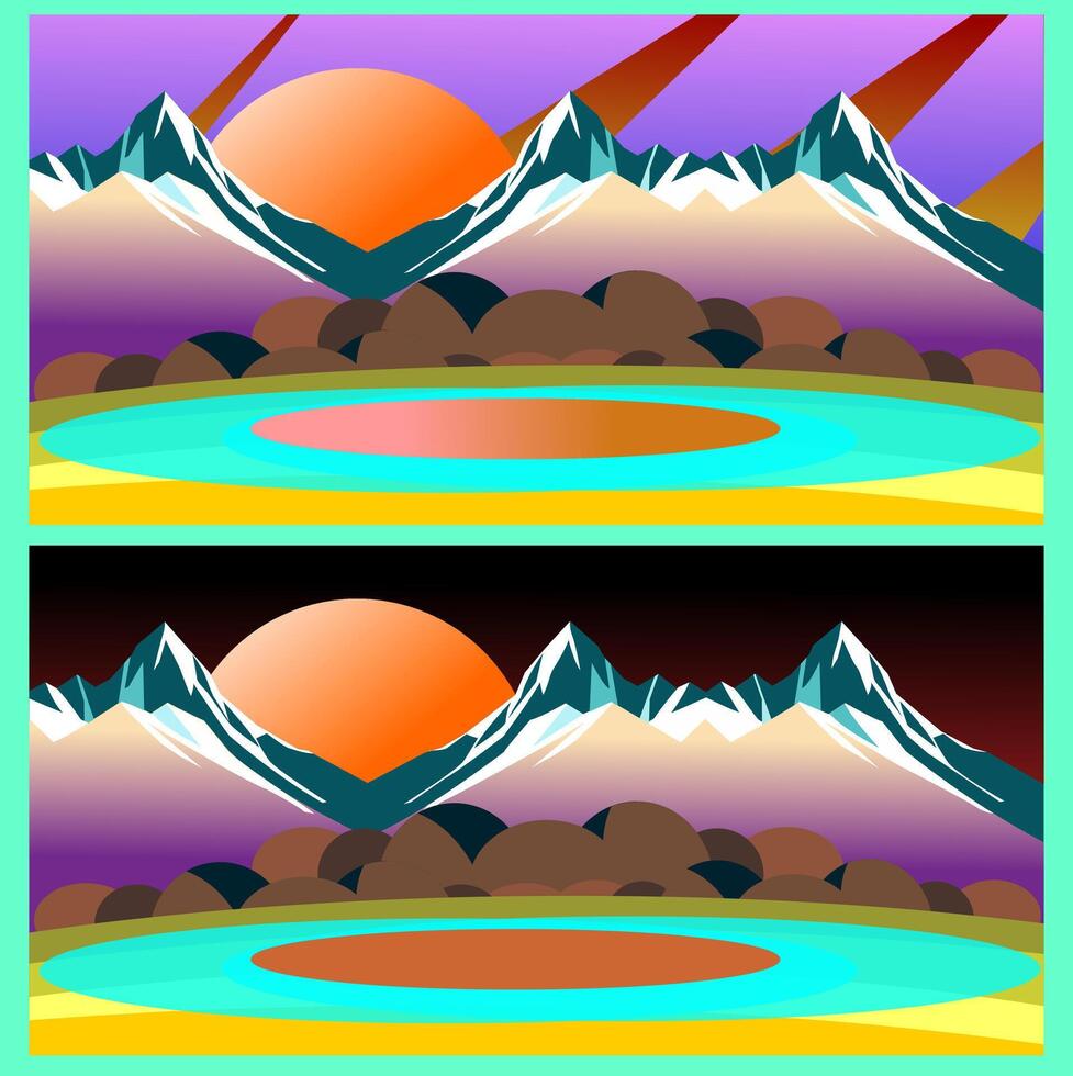 montanha panorama com lago e pôr do sol ilustração para seu Projeto vetor