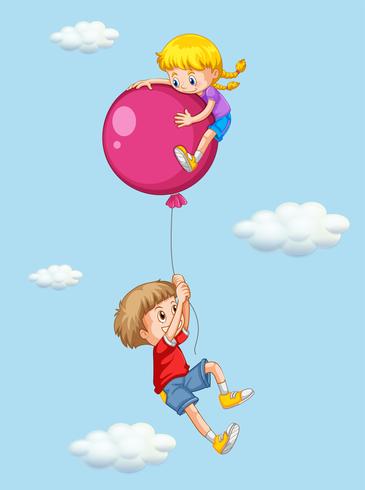 Menino menina, com, cor-de-rosa, balloon vetor