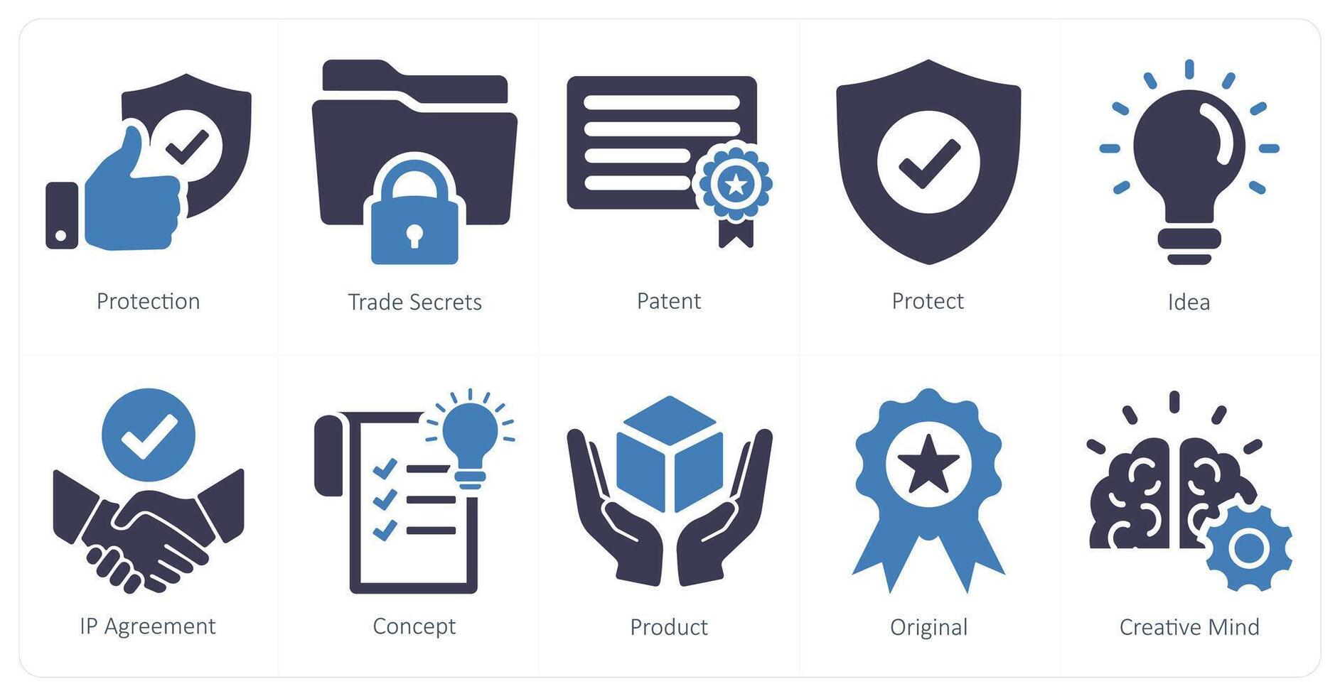 uma conjunto do 10 intelectual propriedade ícones Como proteção, comércio segredos, patente vetor