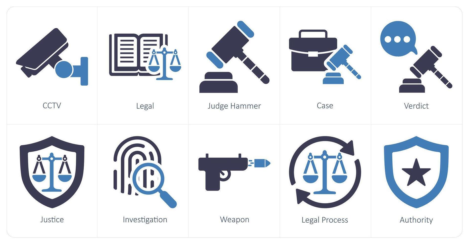 uma conjunto do 10 justiça ícones Como CFTV, jurídico, juiz martelo vetor