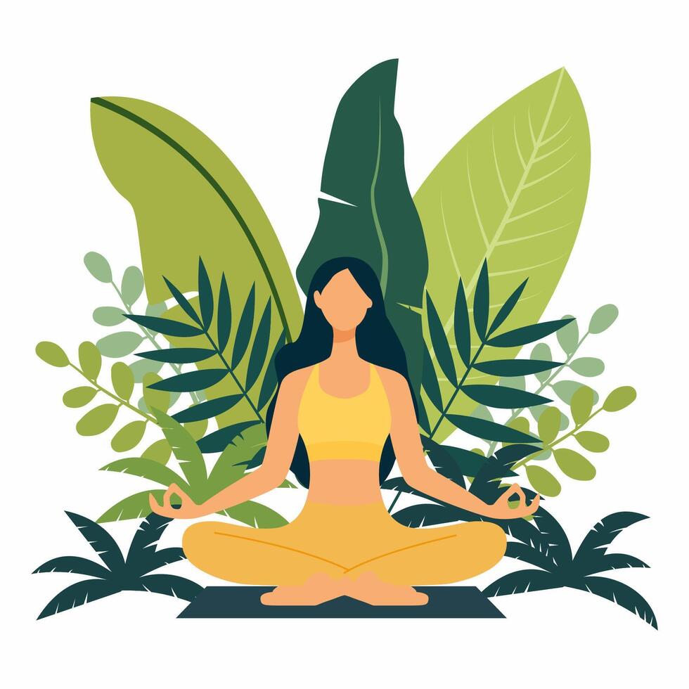 mulher sentado é praticando ioga meditação com verde folhas fundo vetor