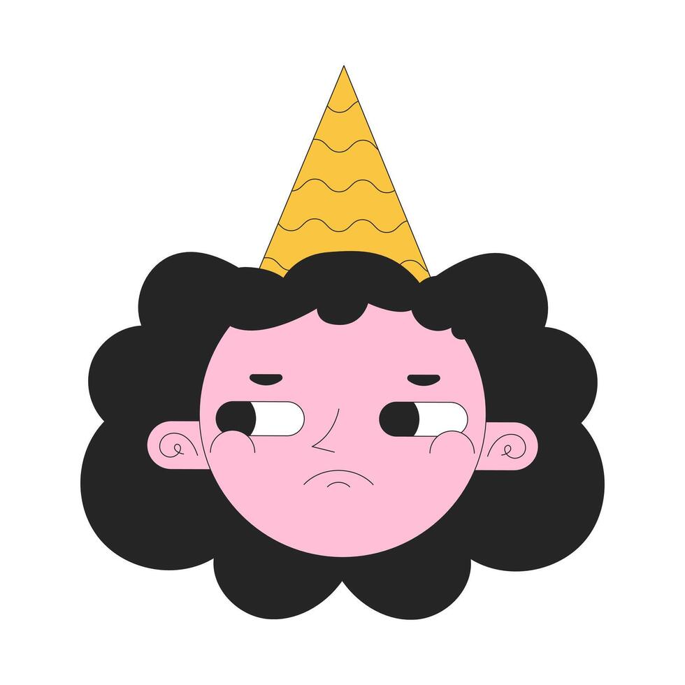 triste menina aniversário chapéu 2d linear avatar ilustração. ondulado cabelo jovem mulher mal humorado desenho animado personagem face. chateado fêmea com festa cone retrato. lado olhos plano cor do utilizador perfil imagem isolado vetor