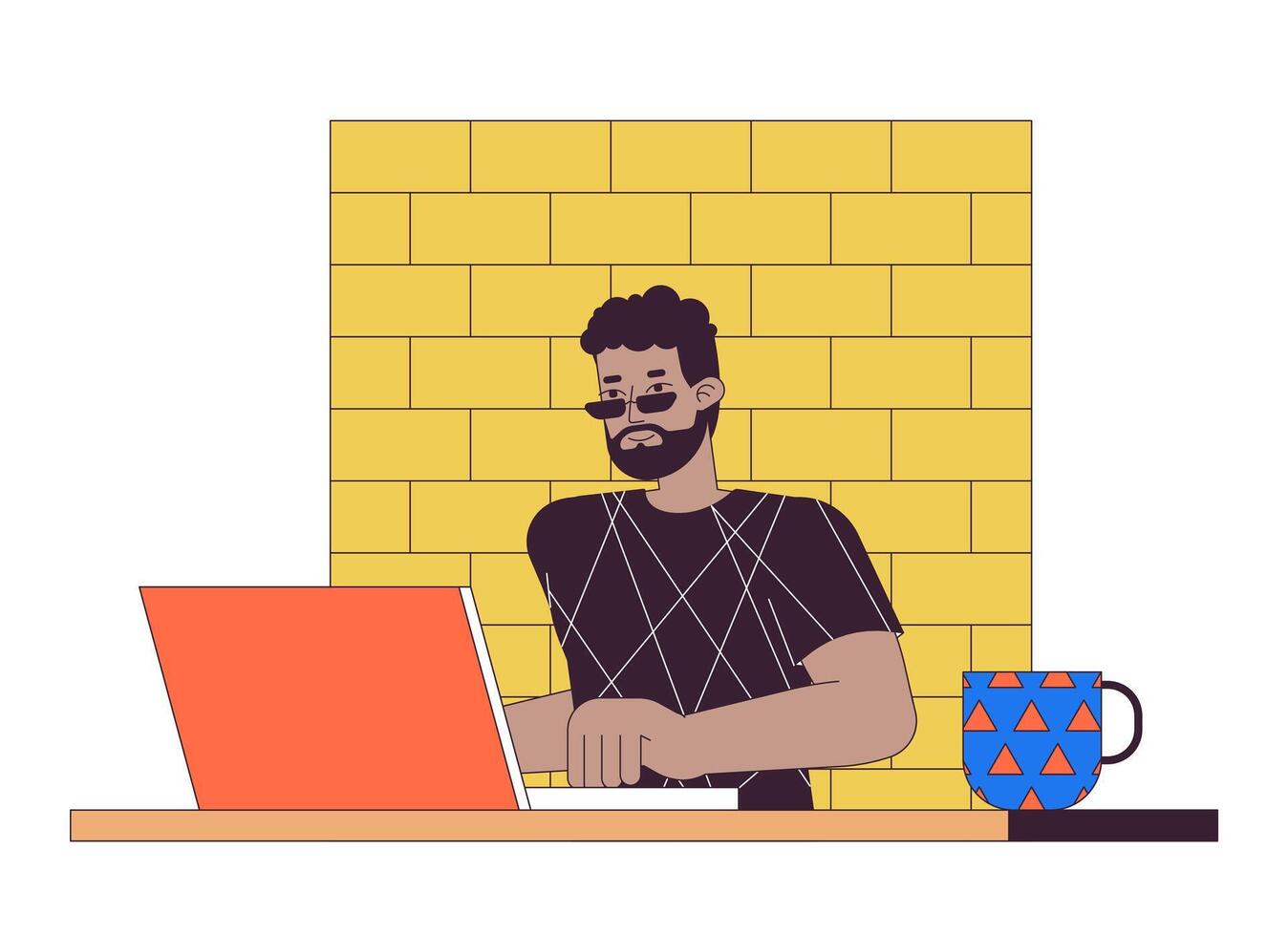 africano americano homem trabalhando em computador portátil 2d linear desenho animado personagem. masculino empregado digitando em computador isolado linha pessoa branco fundo. escritório local de trabalho cor plano local ilustração vetor