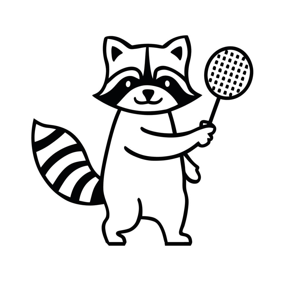 guaxinim gato jogando badminton minimalista linha arte vetor