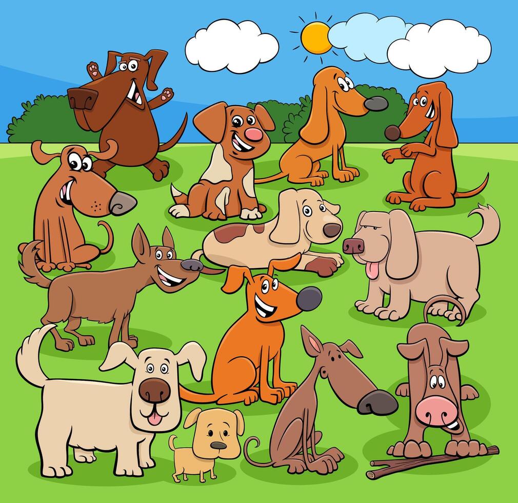 desenho animado brincalhão cachorros personagens grupo dentro a Prado vetor