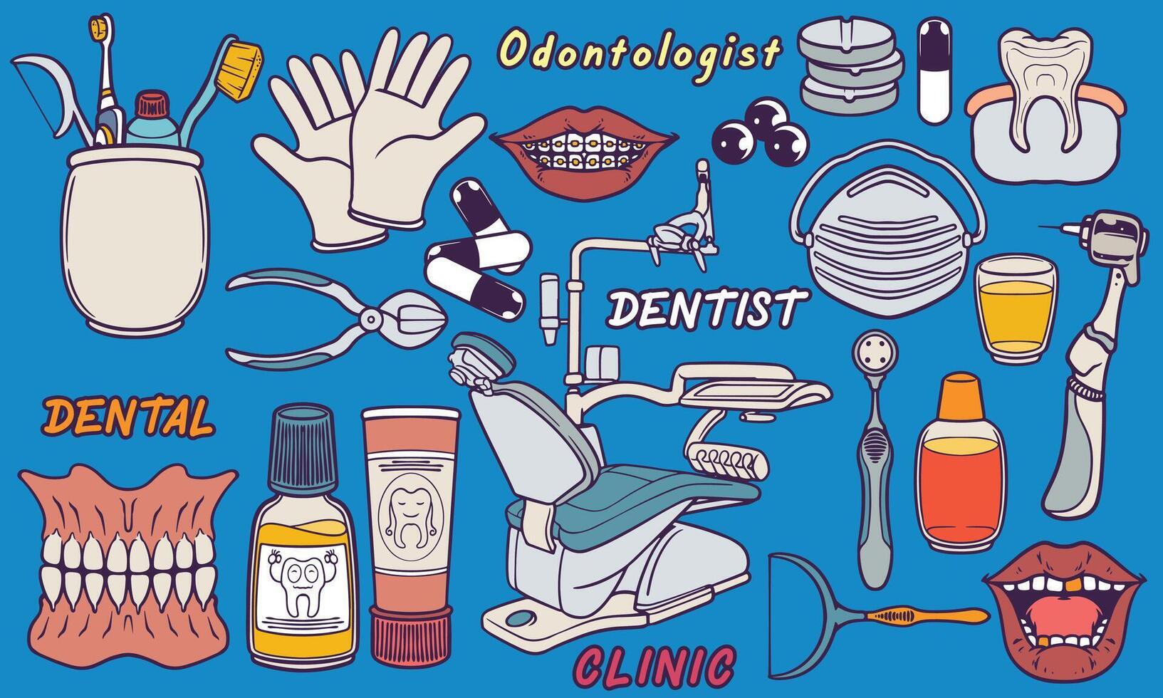 mão desenhado médico dentista clínica equipamento rabisco conjunto . saúde médico equipamento ilustração. vetor