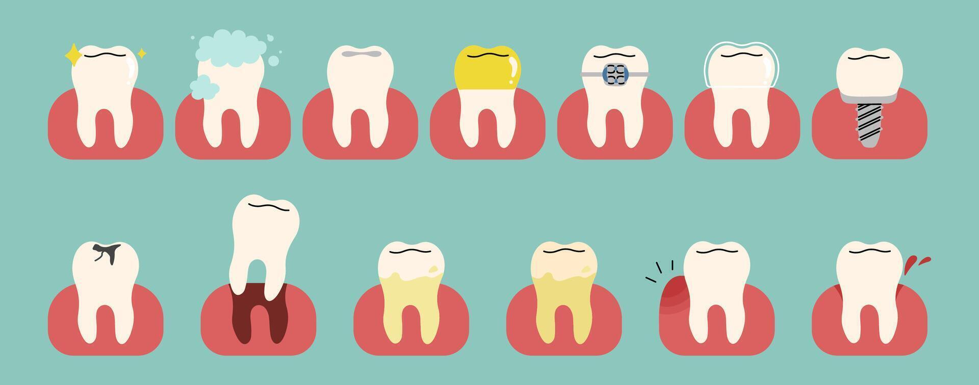 dentes coleção 3 fofa em uma azul verde fundo, ilustração. vetor