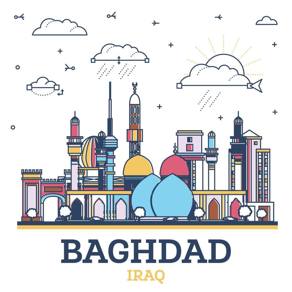 esboço Bagdá Iraque cidade Horizonte com colori histórico edifícios isolado em branco. Bagdá paisagem urbana com pontos de referência. vetor