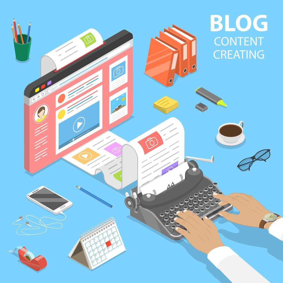 isométrico plano conceito do criativo o negócio blogging. vetor