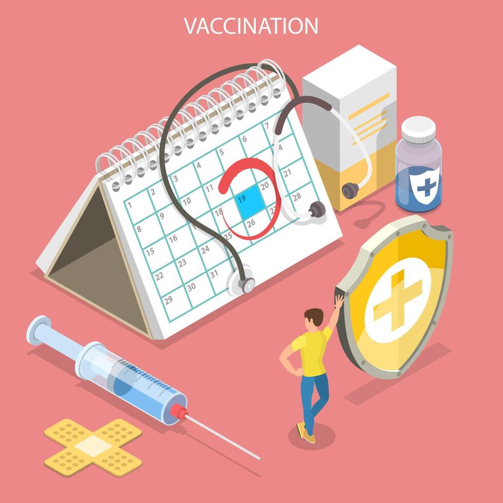 isométrico plano conceito do vacinação campanha e assistência médica. vetor