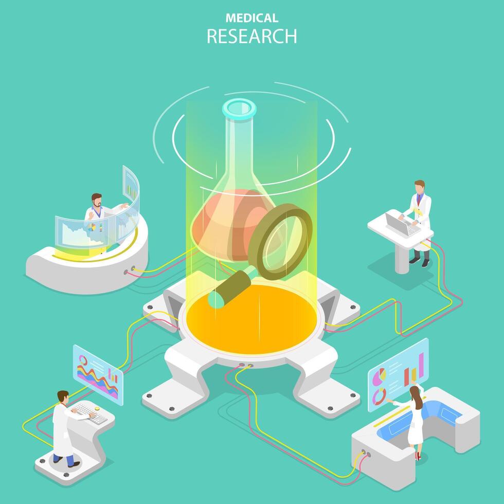 isométrico plano conceito do médico pesquisar, Ciência tecnologia. vetor