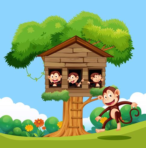 Macaco brincando na casa da árvore vetor