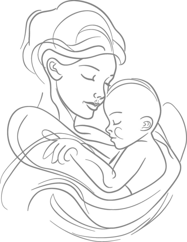 1 contínuo linha desenhando do mãe segurando bebê Preto cor só vetor