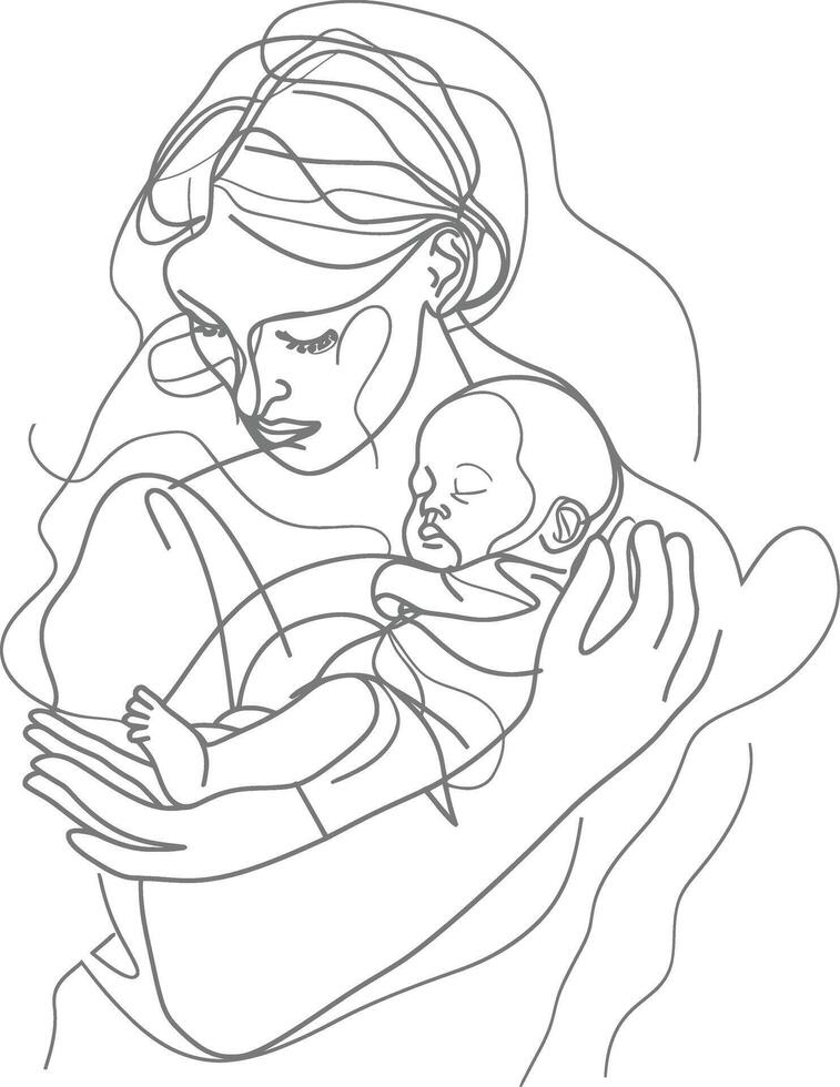 1 contínuo linha desenhando do mãe segurando bebê Preto cor só vetor