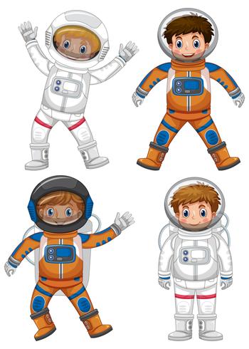 Quatro, astronautas, branco, fundo vetor