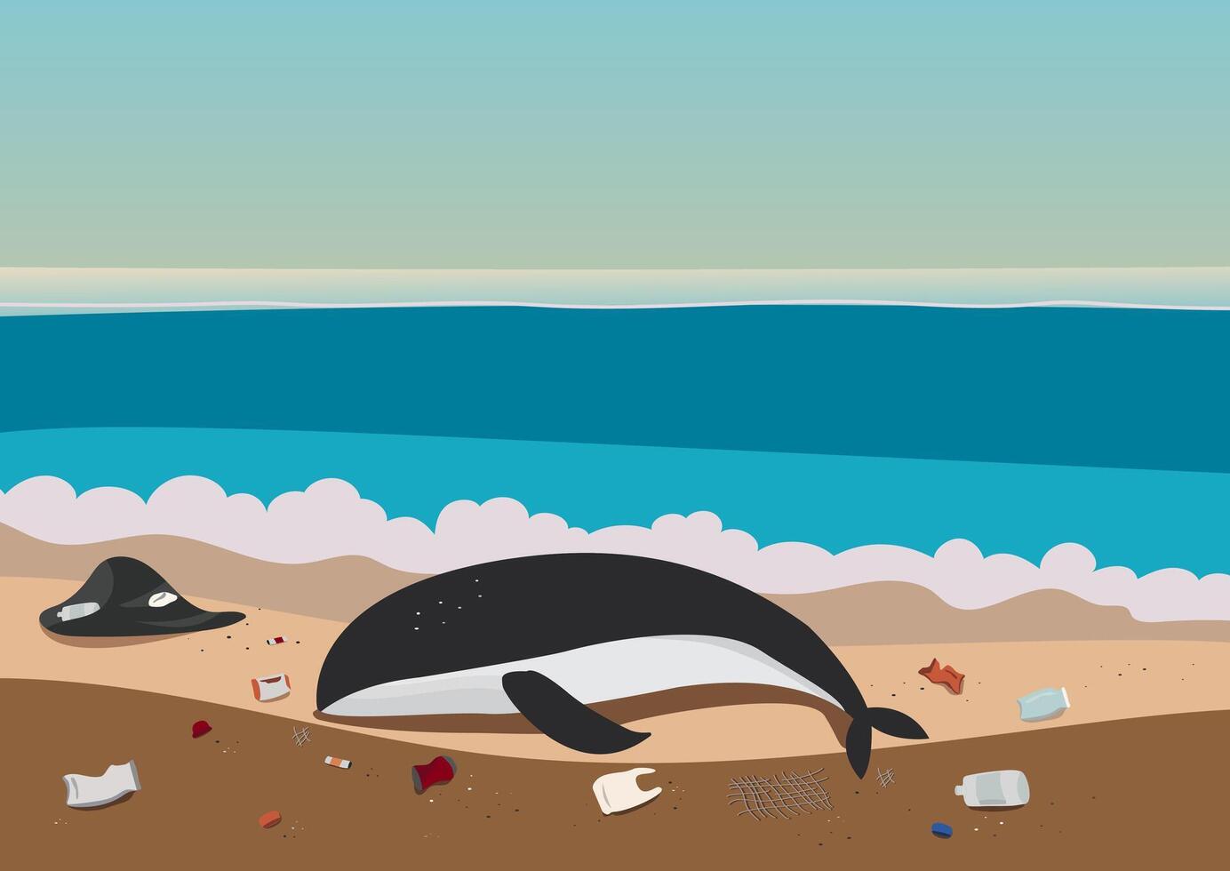 uma baleia família carcaça encalhado em de praia com Comida desperdício e plástico poluição por aí fundo vetor
