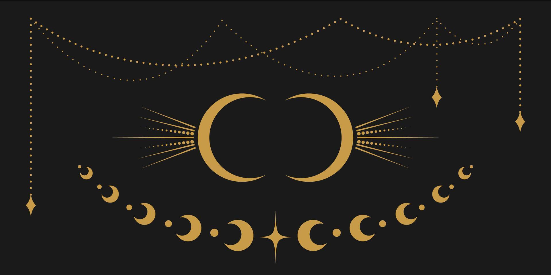 celestial dourado fronteira conjunto com estrelas, lua fases, crescentes e pontos. coleção do ornamentado brilhante mágico isolado clipart para místico decoração vetor