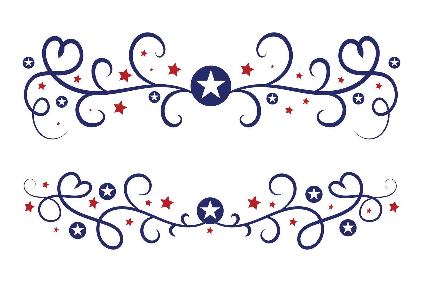 4º do Julho letras cabeçalho ornamentado redemoinhos, patriótico vermelho estrelas, e azul elegante chique separadores decorativo elementos, americano independência dia caligrafia floresce texto divisores vetor