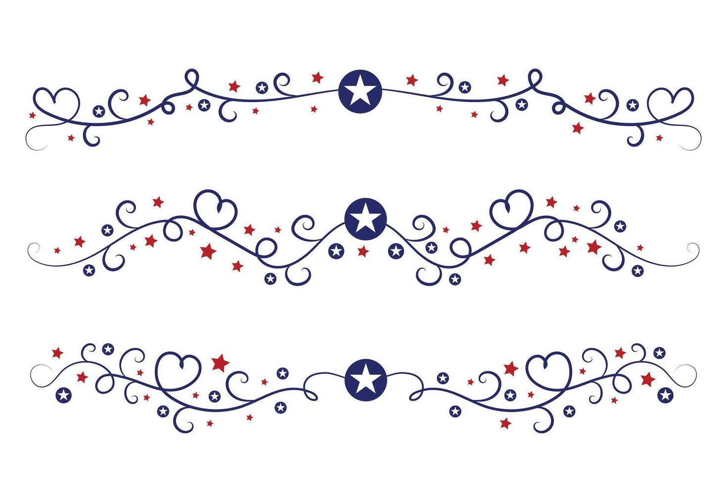 4º do Julho letras cabeçalho ornamentado redemoinhos, patriótico vermelho estrelas, e azul elegante chique separadores decorativo elementos, americano independência dia caligrafia floresce texto divisores vetor