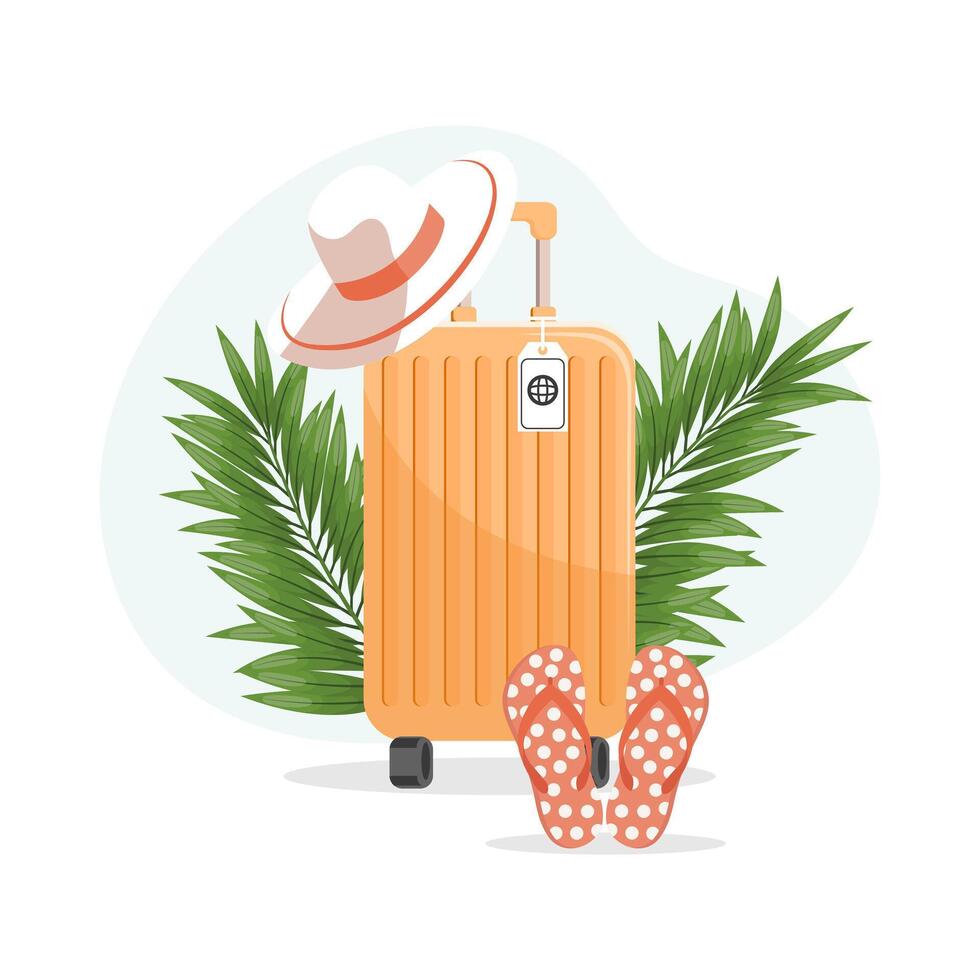 verão fundo com viagem mala, giro flops e verão chapéu. período de férias e viagem conceito. ilustração. vetor