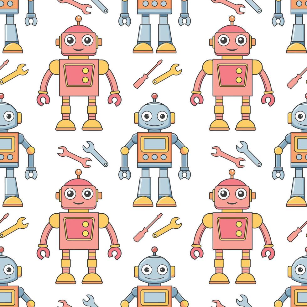 desatado padronizar do desenho animado personagens robôs e andróides. fundo a partir de fofa crianças robô brinquedos. vetor