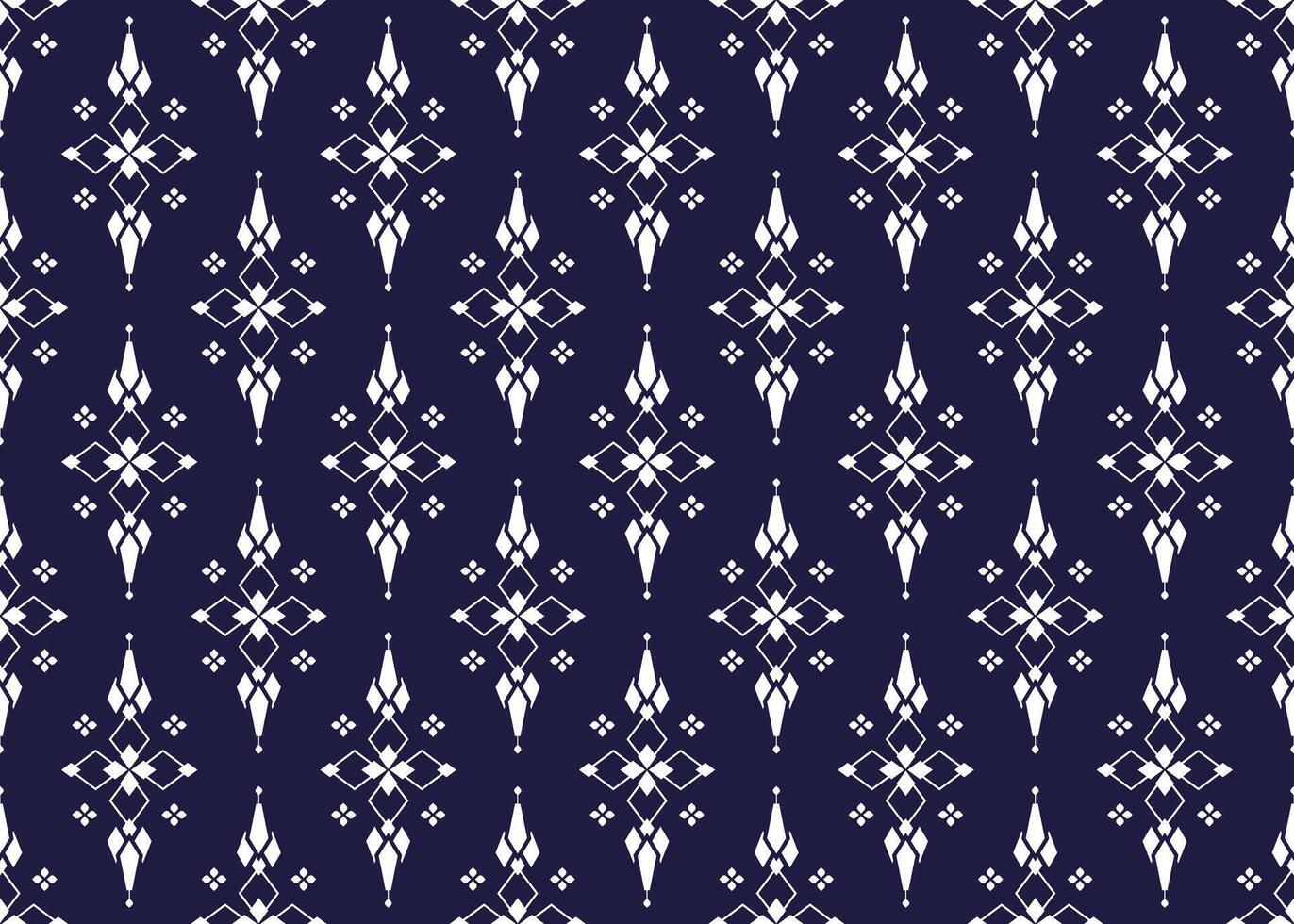 geométrico e branco símbolo flores Formato em Sombrio azul fundo, étnico tecido desatado padronizar Projeto para pano, tapete, batik, papel de parede, invólucro etc. vetor