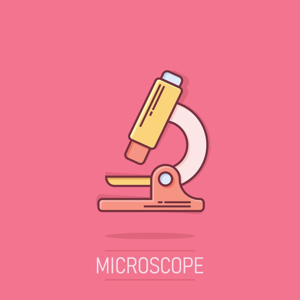 microscópio ícone dentro quadrinho estilo. laboratório lupa desenho animado ilustração em isolado fundo. biologia instrumento respingo efeito placa o negócio conceito. vetor