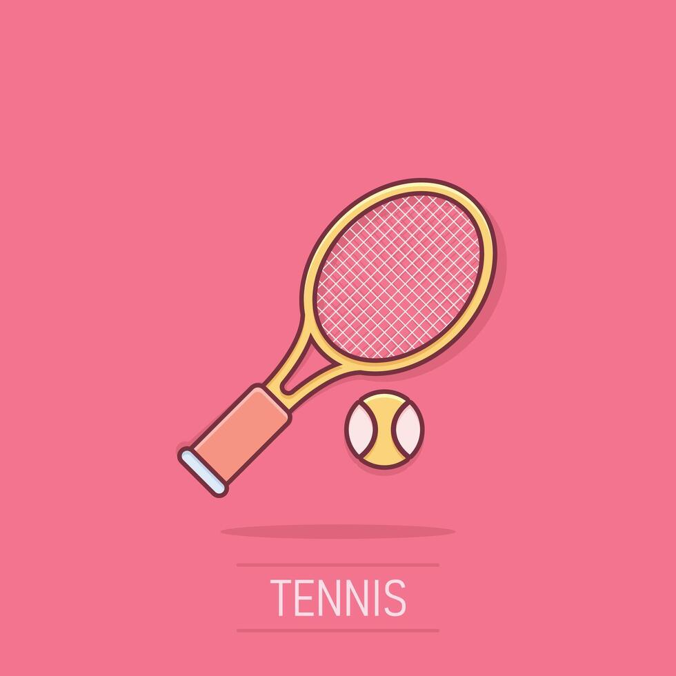 tênis raquete ícone dentro quadrinho estilo. jogos raquete desenho animado ilustração em isolado fundo. esporte atividade respingo efeito placa o negócio conceito. vetor