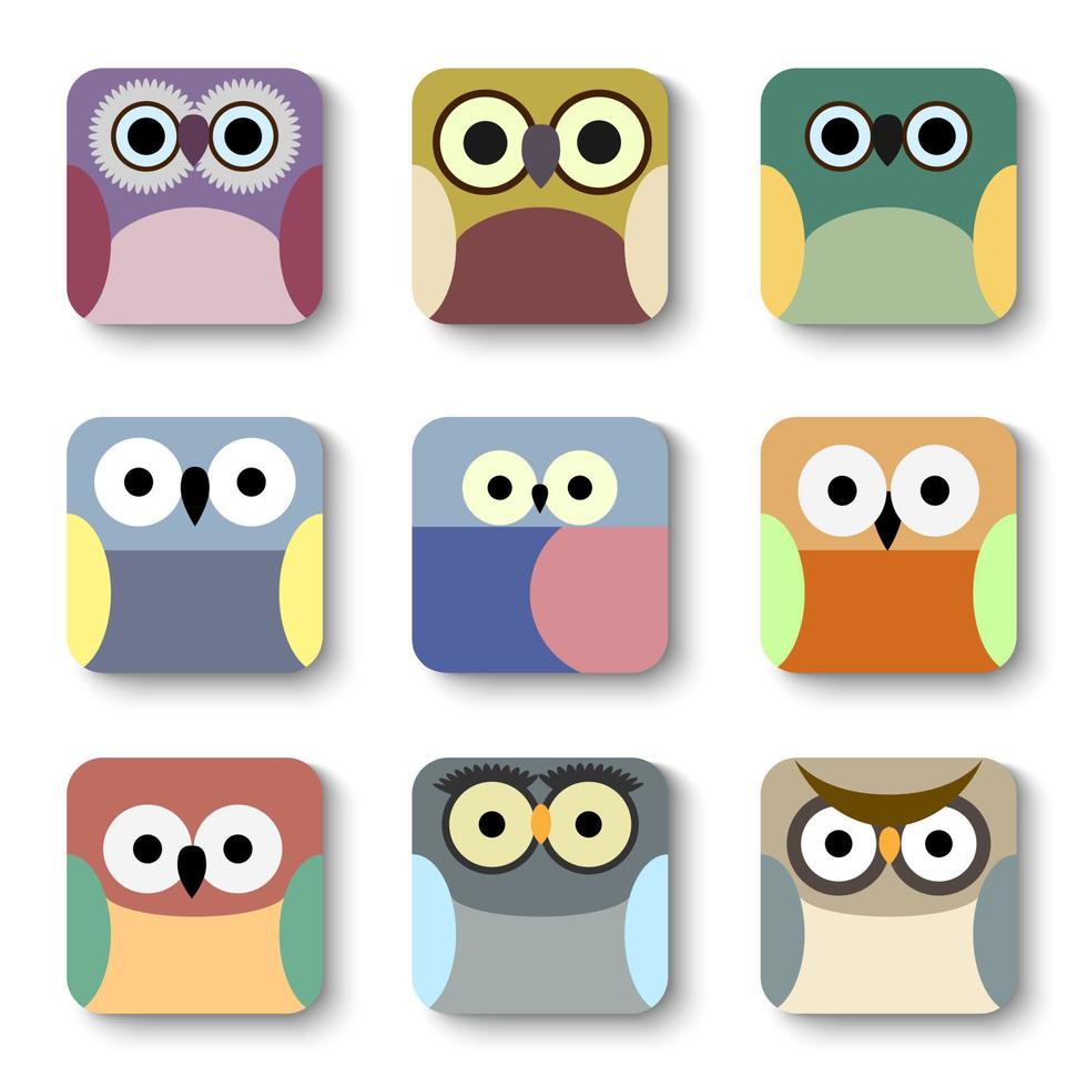 conjunto de vetores de ícones de aplicativos de corujas fofas