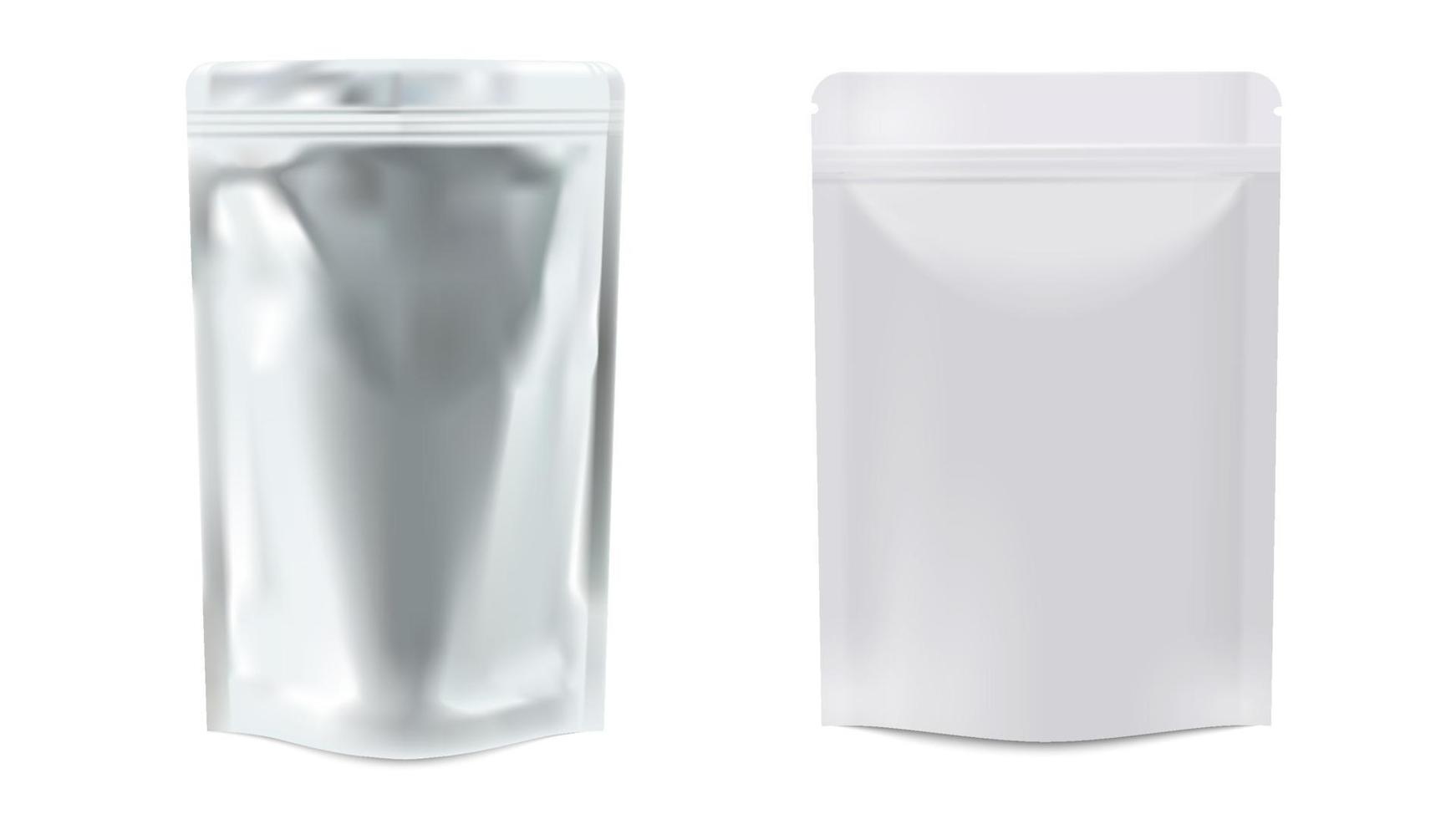 sacos de papel alumínio e de plástico branco vazios selados verticais, embalagens de alimentos em branco realistas. vetor