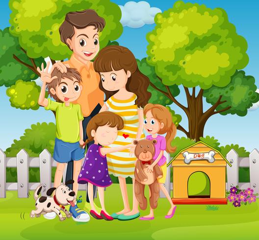 Linda família com três filhos e cachorro no jardim vetor