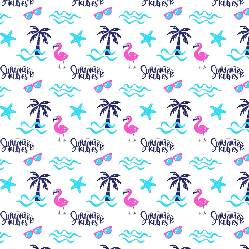 verão vibrações brilhante desatado padronizar. Palma, mar ondas, Rosa flamingo, mar estrela, oculos de sol repetir em branco fundo. moda ilustração dentro moderno estilo. vetor